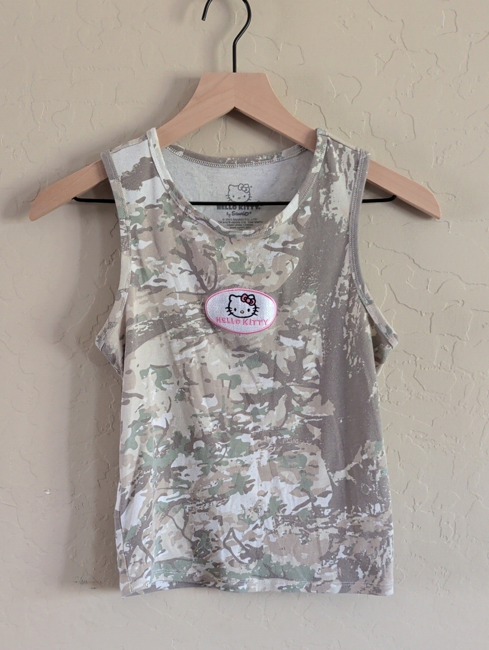 Hello Kitty Beige Green Camouflage Tank Top with Pink Patch. Super cute